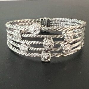 ALOR 18k 750 White Gold Diamonds Steel 5 Cable Bracelet  MSRP $2150 EUC